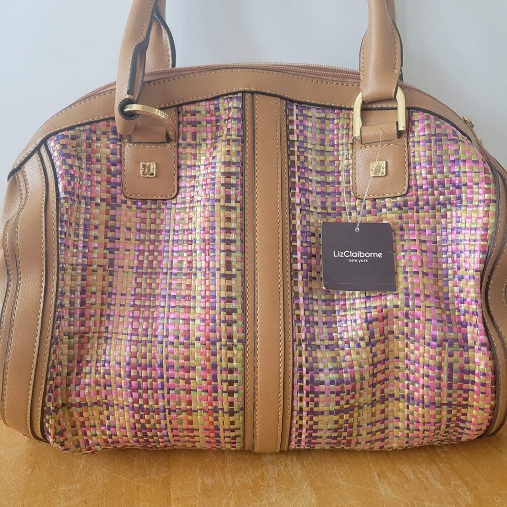 Liz Claiborne New York Handbag Satchel Woven Multicolor Metallic Tan NWT - Picture 2 of 11